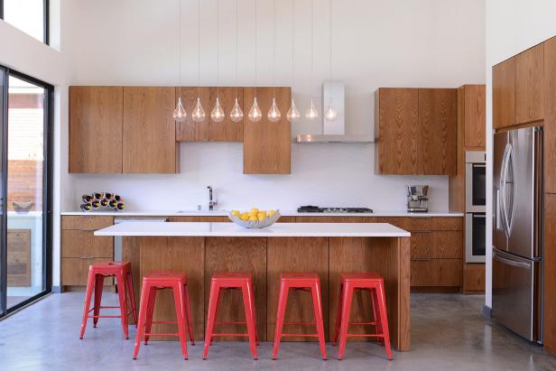 White Modern Kitchen With Red Barstools White Modern Kitchen With Red Barstools