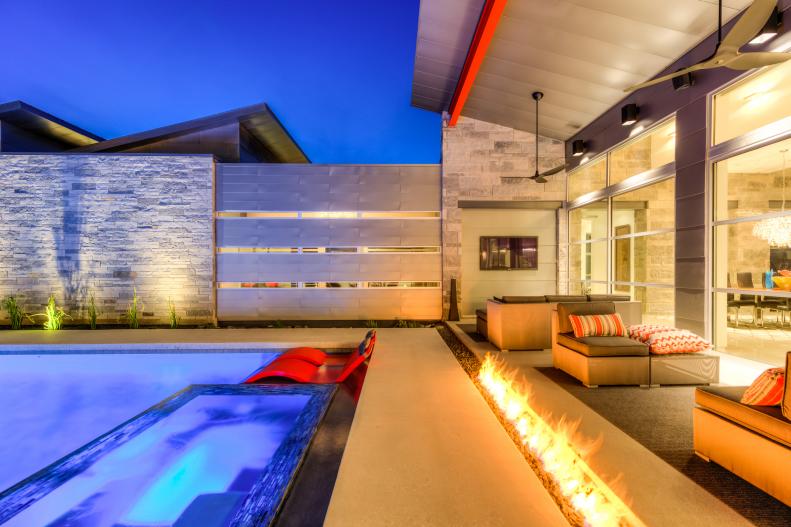 Modern Fire Pit by Poolside at Night