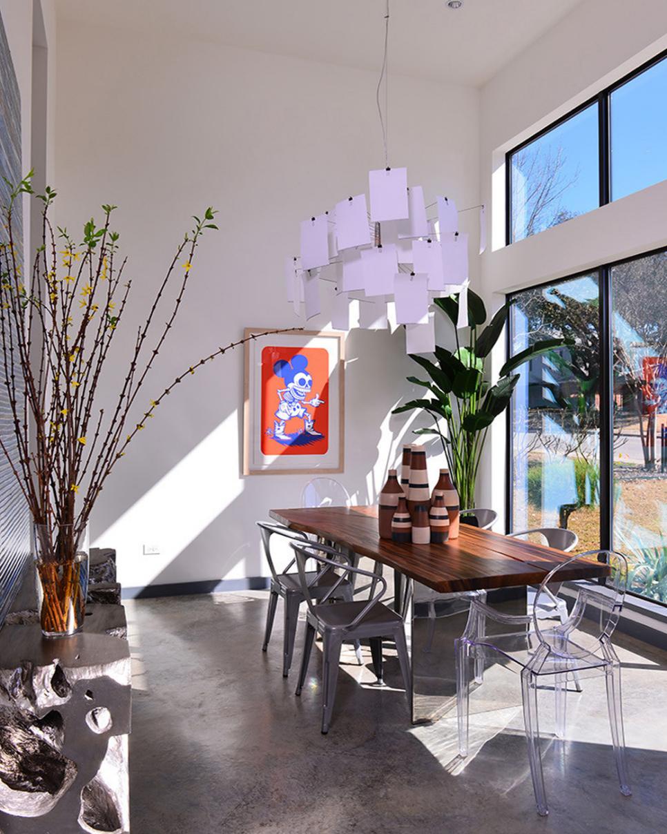 White Eclectic Dining Room With Concrete Floor White Eclectic Dining Room