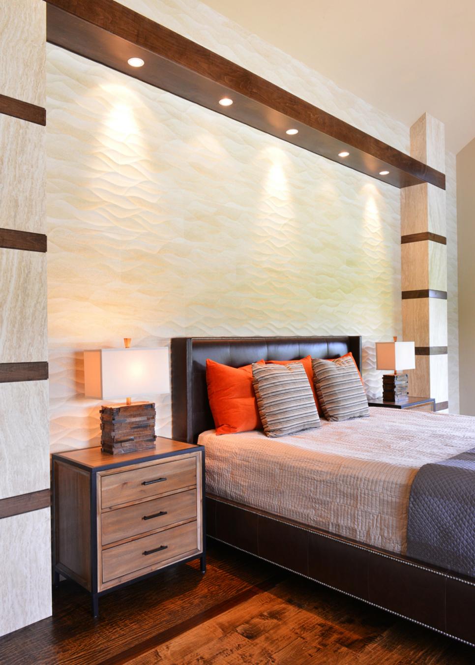 Contemporary Master Bedroom Boasts Rustic Flair Contemporary Neutral Bedroom With Brown Leather Platform Bed