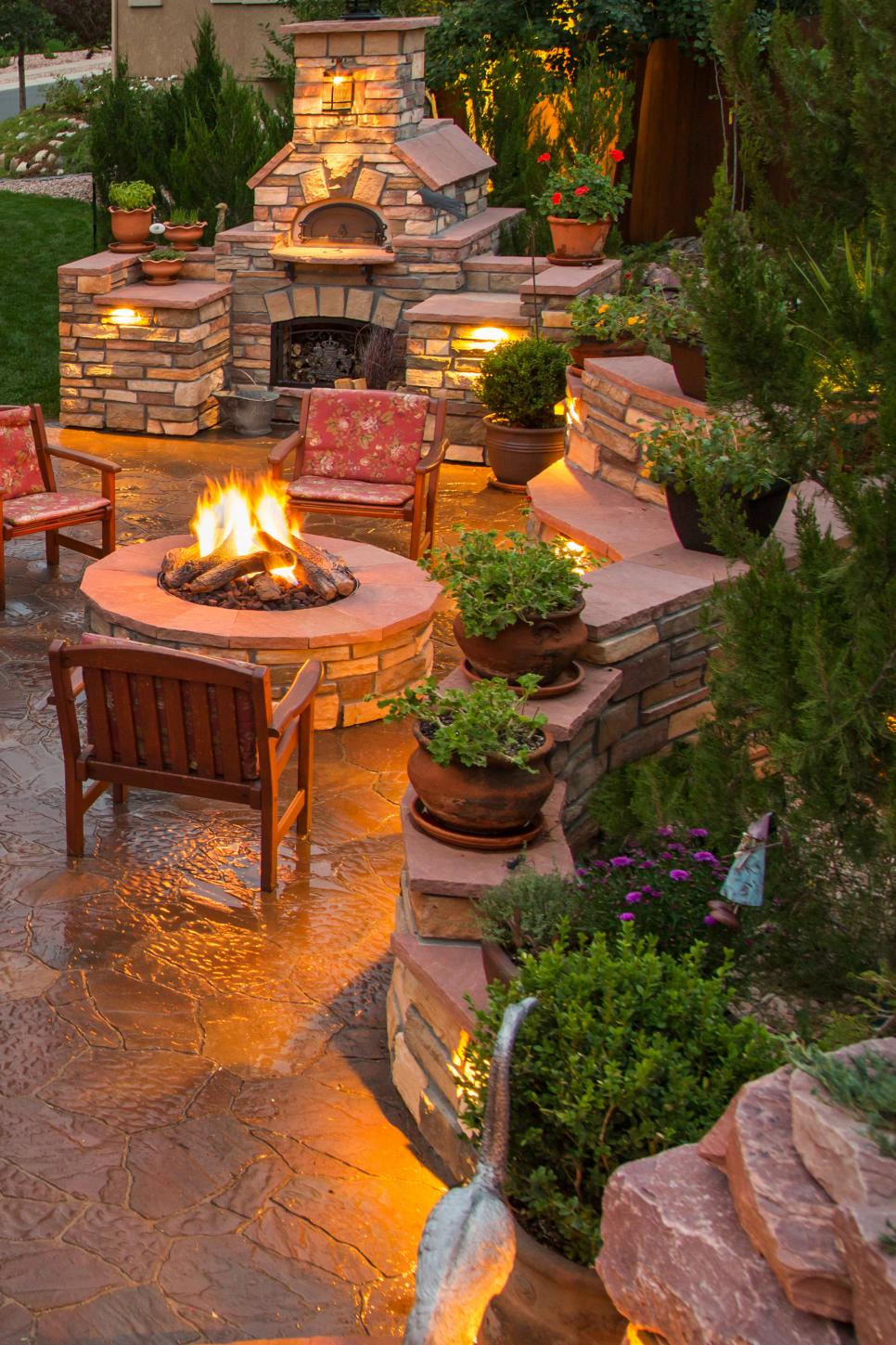 Stone Fire Place and Fire Pit in Backyard Oasis Stone Fire Pit Seating Area and Fire Place