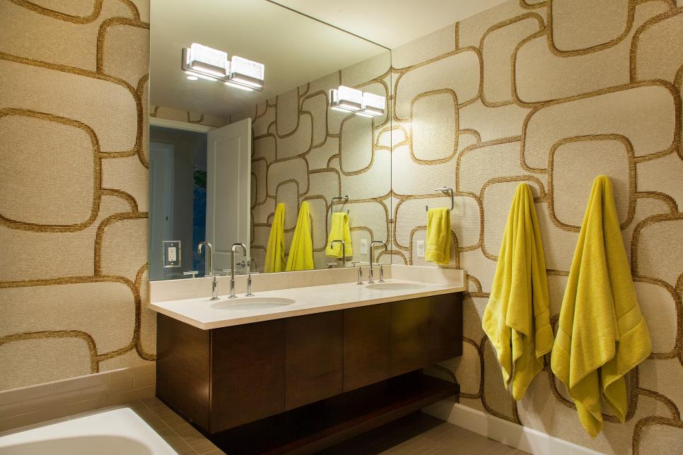 Modern Bathroom Features Floating Vanity & Retro Wallpaper Modern Bathroom With Floating Vanity & Midcentury Modern Wallpaper