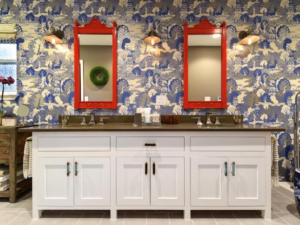 Sleek Double Vanity in Asian Master Bathroom