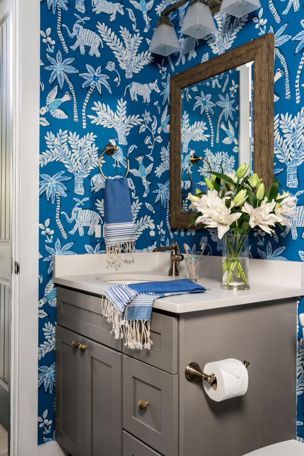 Coordinating Hardware HGTV Dream Home 2017: Single-Vanity Bathroom With Blue Wallpaper
