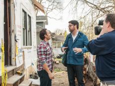 Behind-the-scenes, Hosts Brian Patrick Flynn and Matt Blashaw walking through and discussing current projects of the HGTV Urban Oasis 2016 in Ann Arbor, MI.