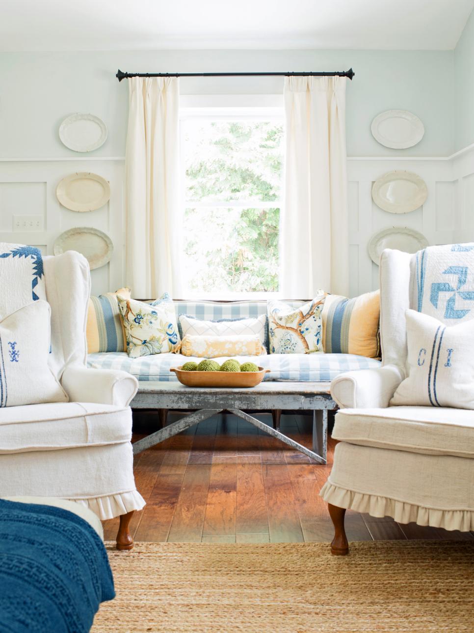 Cottage Living Room with Curtained Window Cottage Living Room with Large Window
