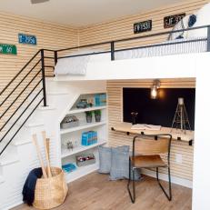 Loft Bunk Bed in Boy's Bedroom With Study Nook, Built In Bookshelves and Skinnylap Wall Treatment 