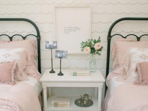 Girl's Bedroom Nightstand Details Featuring Shingle Accent Wall, Text Art and Feminine Decorations Girl's Bedroom Nightstand Details Featuring Shingle Accent Wall, Text Art and Feminine Decorations