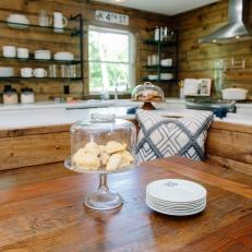 Glass Cake Stand On Wood Dining Kitchen With Built in Bench Seating in Large Eat In Country Kitchen 