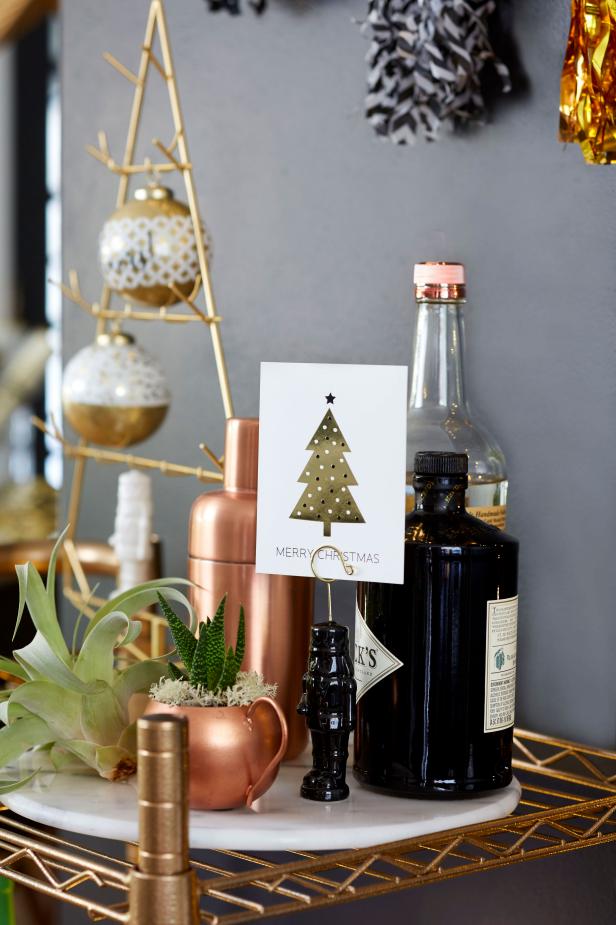 Styled Bar Cart Top with Gold and Black Decor Styled Bar Cart Top with Gold and Black Decor