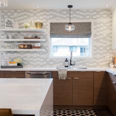 Gray and White Hexagon Tile Backsplash, Polished White Countertops and Woodgrain Cabinetry in Midcentury Modern Kitchen