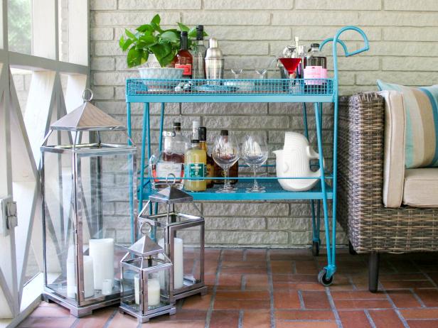 Wheel Cart Repurposed Into Bright, Accessible Mini Bar Set Up Wheel Cart Repurposed Into Bright, Accessible Mini Bar Set Up