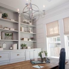 Stylish Built In Book Case and Chandelier Add Function and Beauty