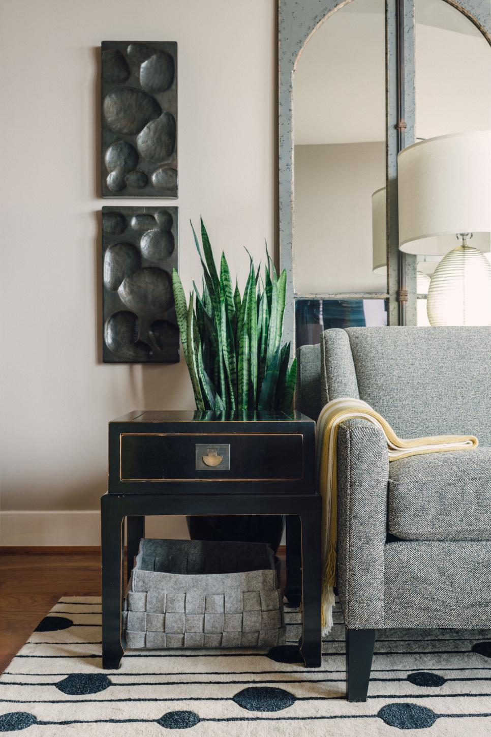Black End Table and Gray Basket End Table and Basket