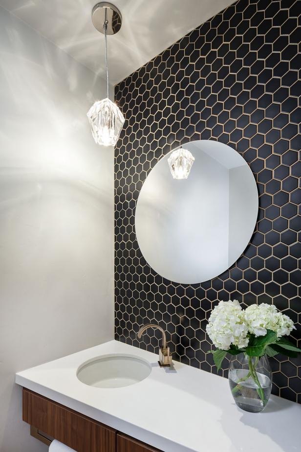 Black and White Contemporary Powder Bathroom With Crystal Pendant Black and White Contemporary Powder Bathroom With Crystal Pendant