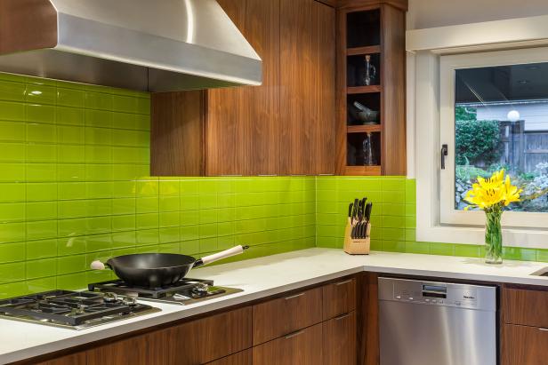 Modern Kitchen With Green Tile Backsplash