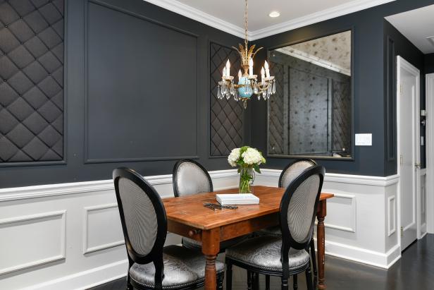 Black and White Dining Area with Mirror and Chandelier Black and White Dining Area with Mirror and Chandelier
