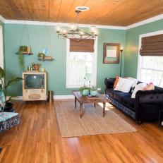 Living Room with Shiplap Ceiling
