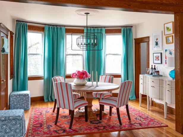 Wood Paneled Dining Room With Turquoise Curtains and Striped Chairs Wood Paneled Dining Room With Turquoise Curtains and Striped Chairs