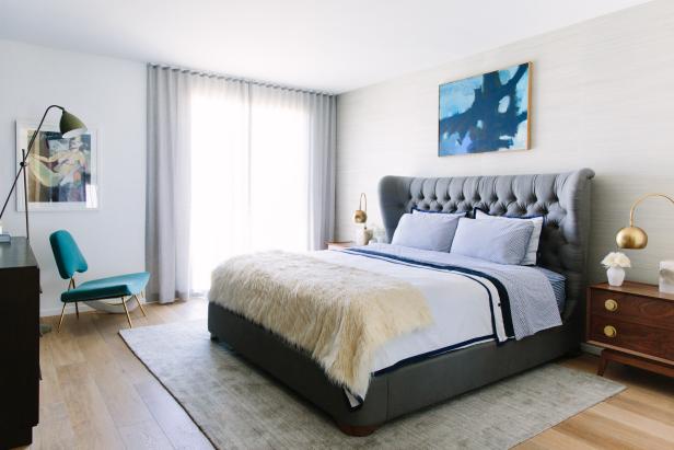 Eclectic Bedroom With Gray Upholstered Bed Eclectic Bedroom With Gray Upholstered Bed