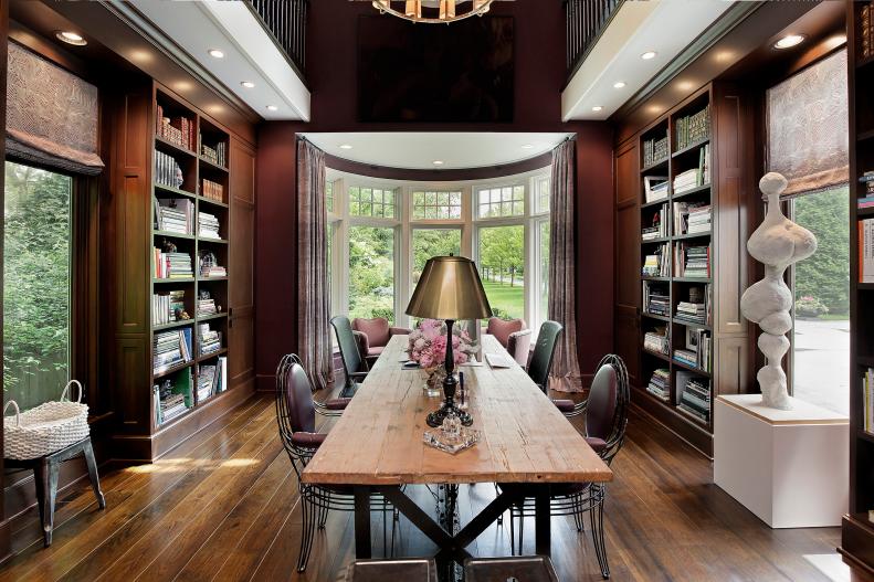 Brown, Transitional Library With Built-In Bookshelves