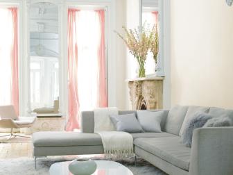 Gray and White Contemporary Living Room With Pink Curtains