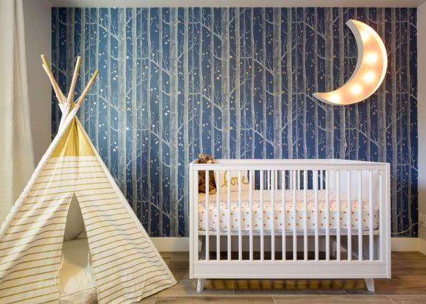 Blue Nursery With Tree Wallpaper and Moon Blue Nursery With Tree Wallpaper and Moon