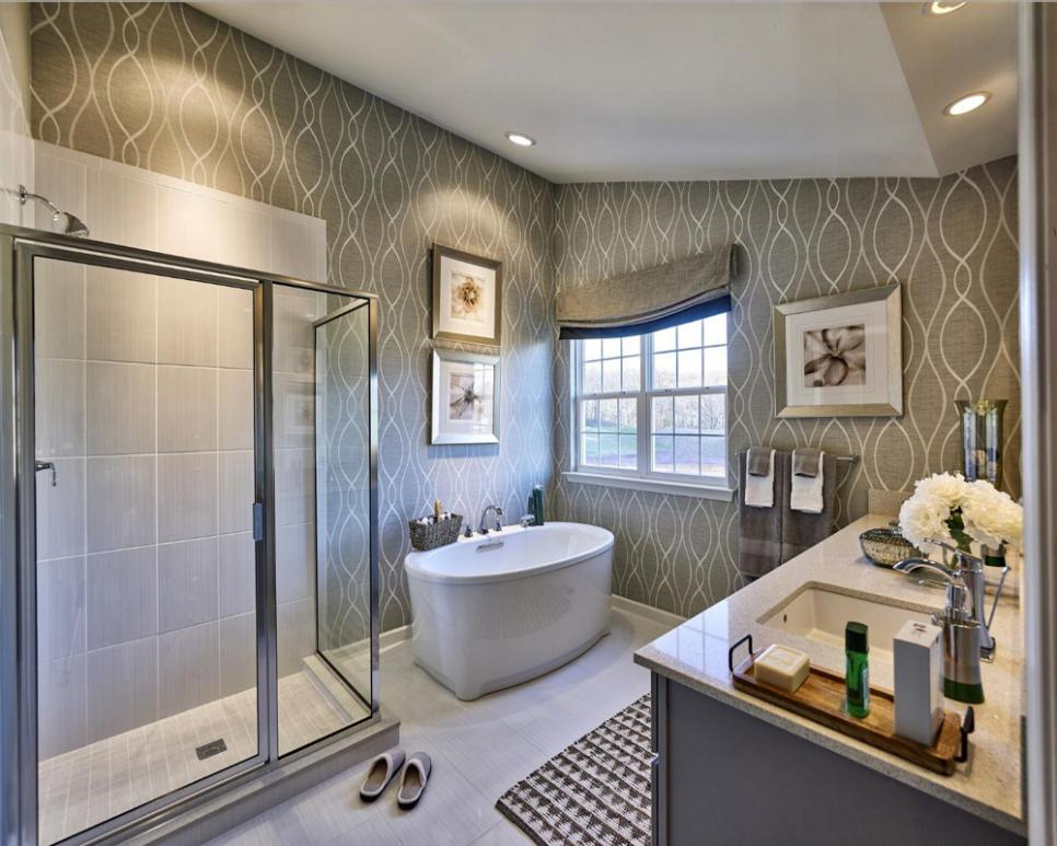 Contemporary Bathroom With Graphic Wallpaper Contemporary Bathroom With Gray Graphic Wallpaper