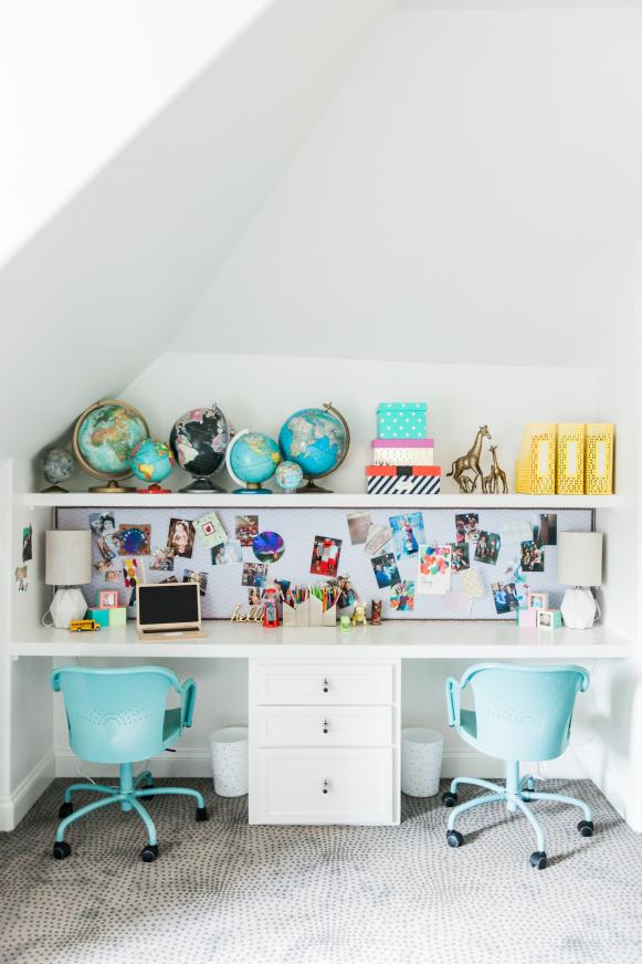 White Built-In Kid's Desk With Globes White Built-In Kid's Desk With Globes