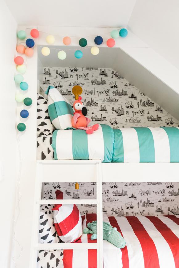 White Built-In Bunk Beds With Striped Bedding White Built-In Bunk Beds With Striped Bedding