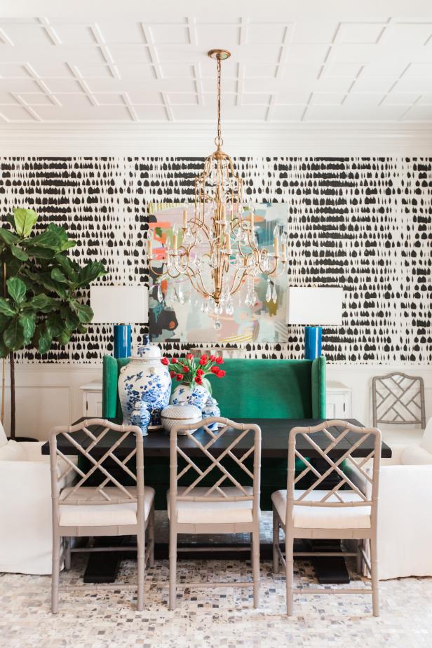 Black and White Eclectic Dining Room With Graphic Wallpaper Black and White Eclectic Dining Room With Graphic Wallpaper