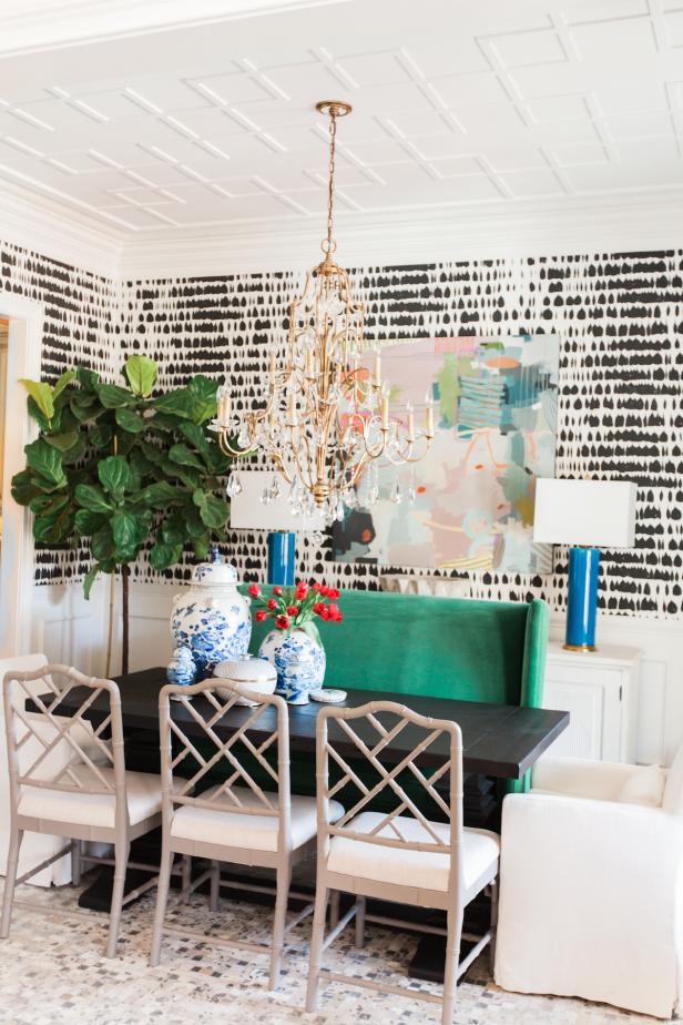 Black and White Eclectic Dining Room With Green Sofa Black and White Eclectic Dining Room With Green Sofa