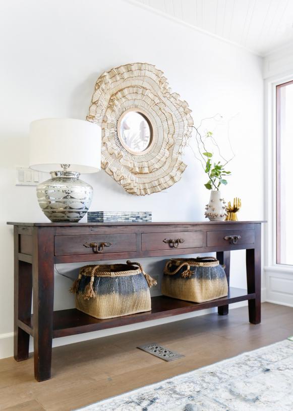 Modern Coastal Foyer With Wooden Entry Table Modern Coastal Foyer With Wooden Entry Table