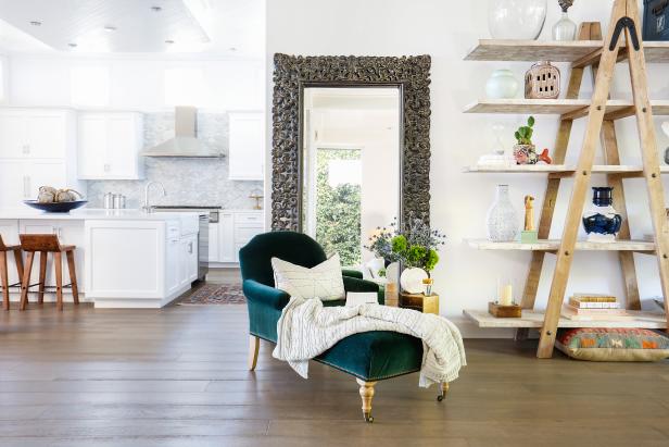 Eclectic Beach-Inspired Great Room With Teal Chaise Eclectic Beach-Inspired Great Room With Teal Chaise