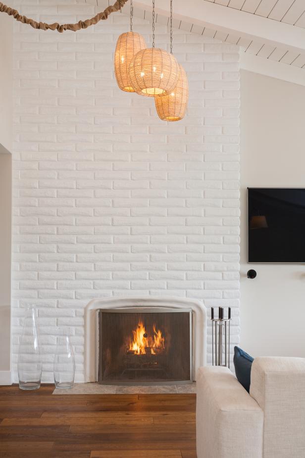 brick fireplace painted fireplaces bricks chimney decorating hgtv pendants lantern gorgeous briques brique coziness radiate