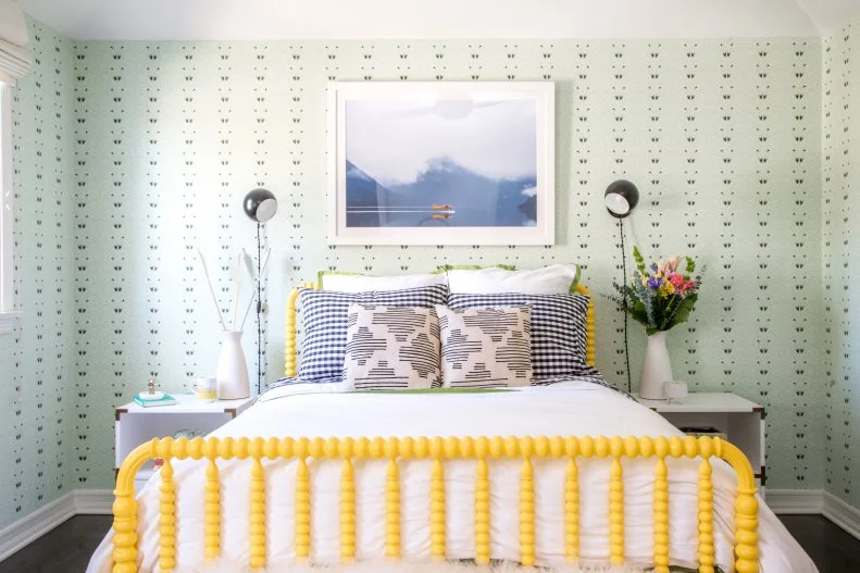 Eclectic Tween Bedroom With Graphic Wallpaper, Bright Yellow Bed