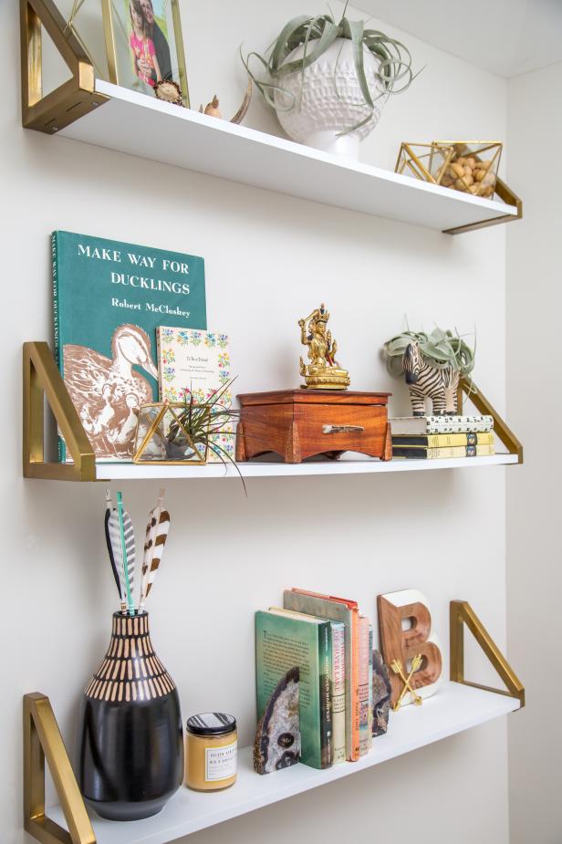 Eclectic Mix of Accessories on Floating Shelves Eclectic Mix of Accessories on Floating Shelves