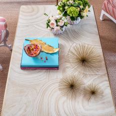 Artistic Contemporary Wood Table With Bouquet Pair, Metallic Starbursts and Colorful Coffee Table Display 