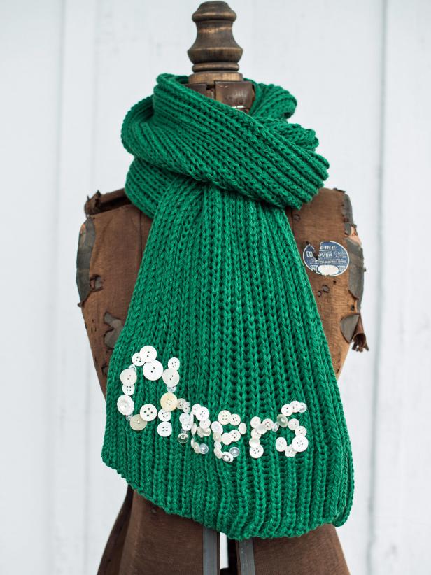 Scarves are a great small gift for friends and family.  Make this gift extra special by personalizing it with a playful message in buttons.  This is a quick handmade gift that will keep the recipient cozy for winters to come.