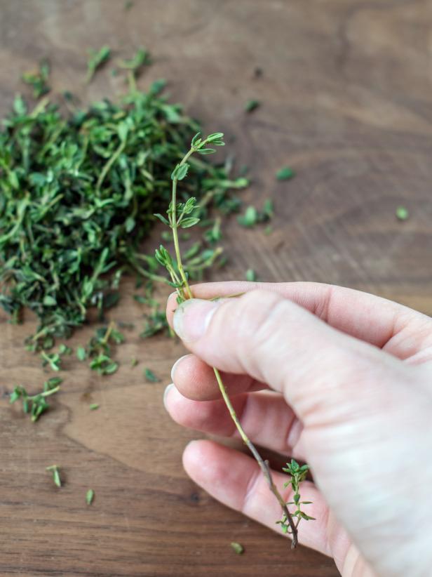 Step 1:Strip and Finely Chop Thyme LeavesUsing your fingers, strip fresh thyme leaves off stem. Finely chop with a chefâs knife. Drop in small mixing bowl and set aside.