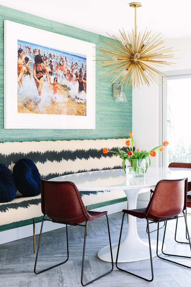 Eclectic Dining Room With Black and White Striped Bench Seat Eclectic Dining Room With Black and White Striped Bench Seat