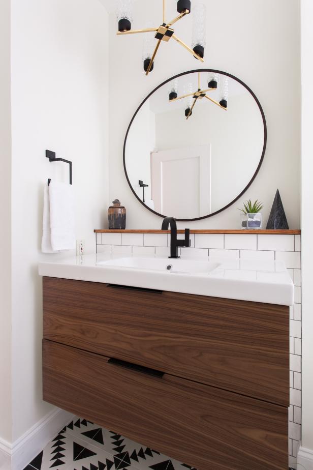 Black And White Single Vanity Bathroom With Round Mirror Black And White Single Vanity Bathroom With Round Mirror