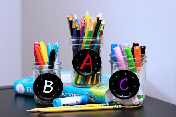 Canning Lid Chalkboard Labels Work Well on Office Supplies Jars with Office Supplies and ABC Labels