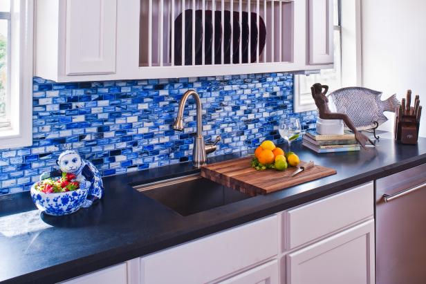 Blue Mosaic Tile Kitchen Backsplash and Sink