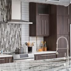 sleek contemporary kitchen with vertical tile backsplash panel gray marble island countertop and woodgrain cabiets - Vertical Tile Backsplash sleek contemporary kitchen with vertical tile backsplash panel gray marble island countertop and woodgrain cabiets - Vertical Tile Backsplash