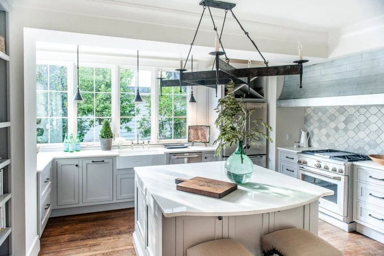 White Kitchen With Metal Chandelier