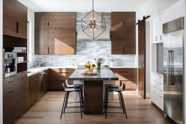 White Midcentury Modern Kitchen With Brown & White Cabinets