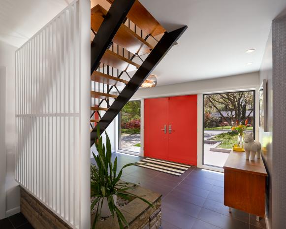 Midcentury Modern Foyer With Red Front Doors, Staircase & Tile Floor