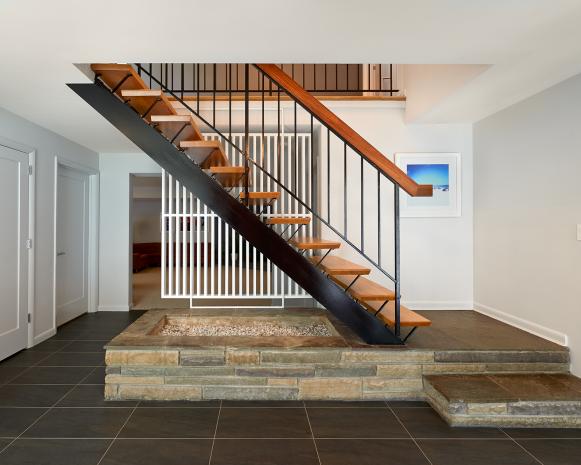 Midcentury Modern Wood Stairs & Gray Tile Floor