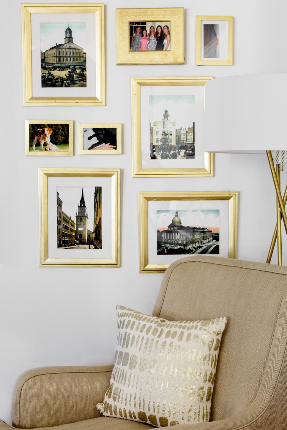 Gallery Wall With Gold Framed Photos Neutral Armchair and Gallery Wall With Gold Framed Photos